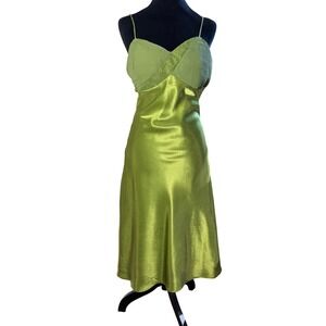 Coqueta Cocktail Dress Womens L Chartreuse Green Vintage Y2K Satin Rhinestone
